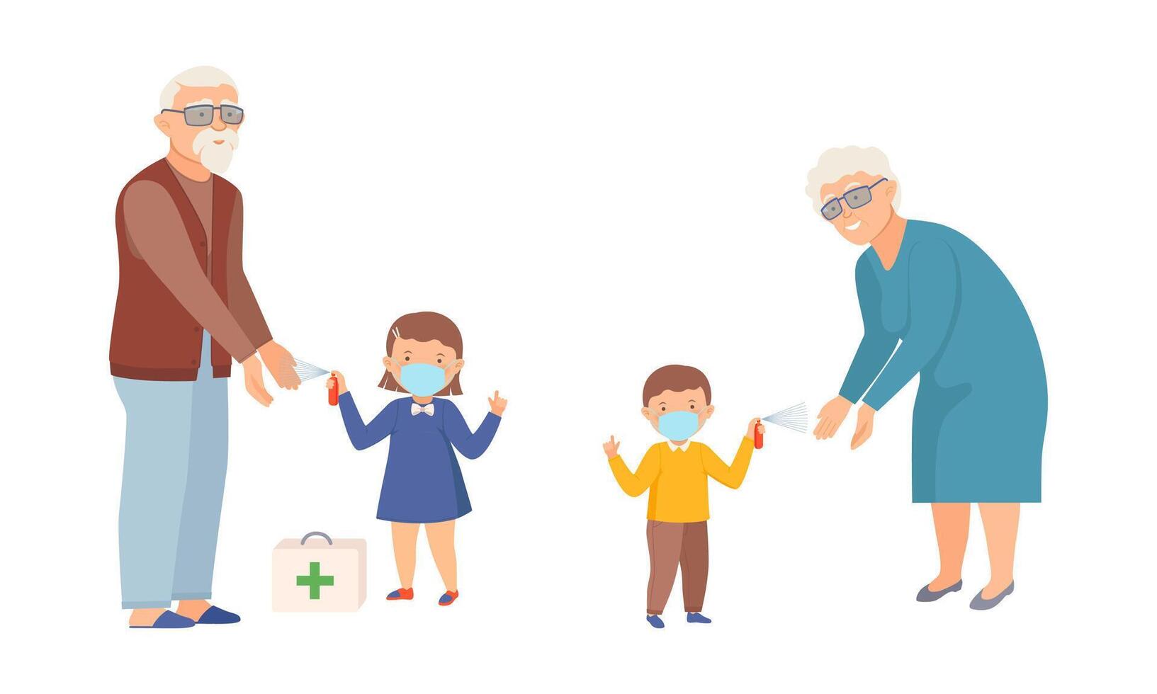 Little kids in face mask spraying hands of grandpa and grandma with sanitizer illustration vector