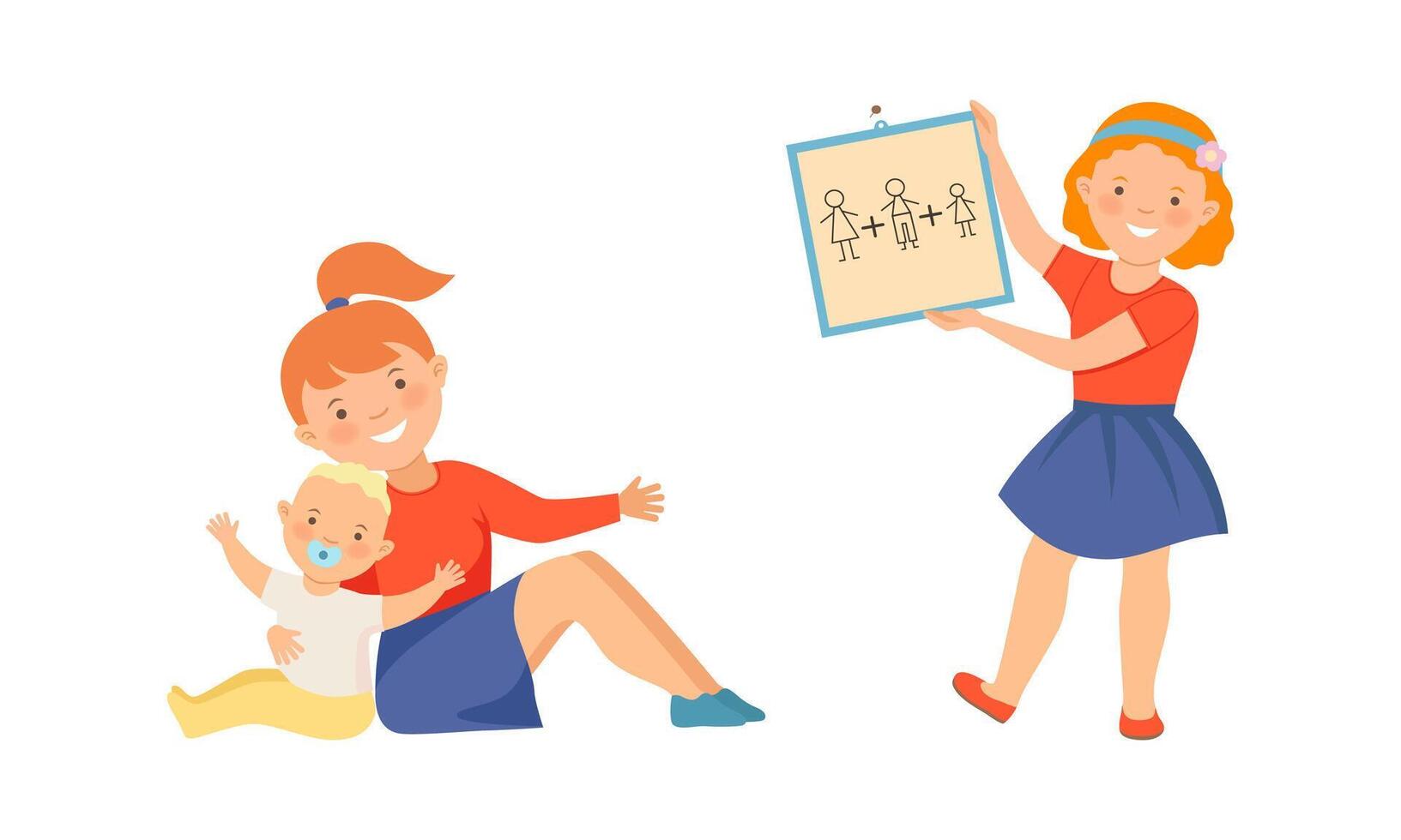 Happy mom with her toddler baby. Girl drawing portrait of her family illustration vector