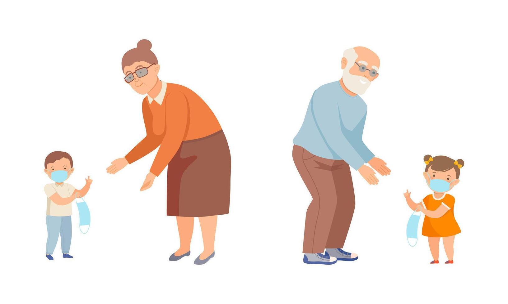 Little kids in face mask sharing protective masks with grandpa and grandma illustration vector