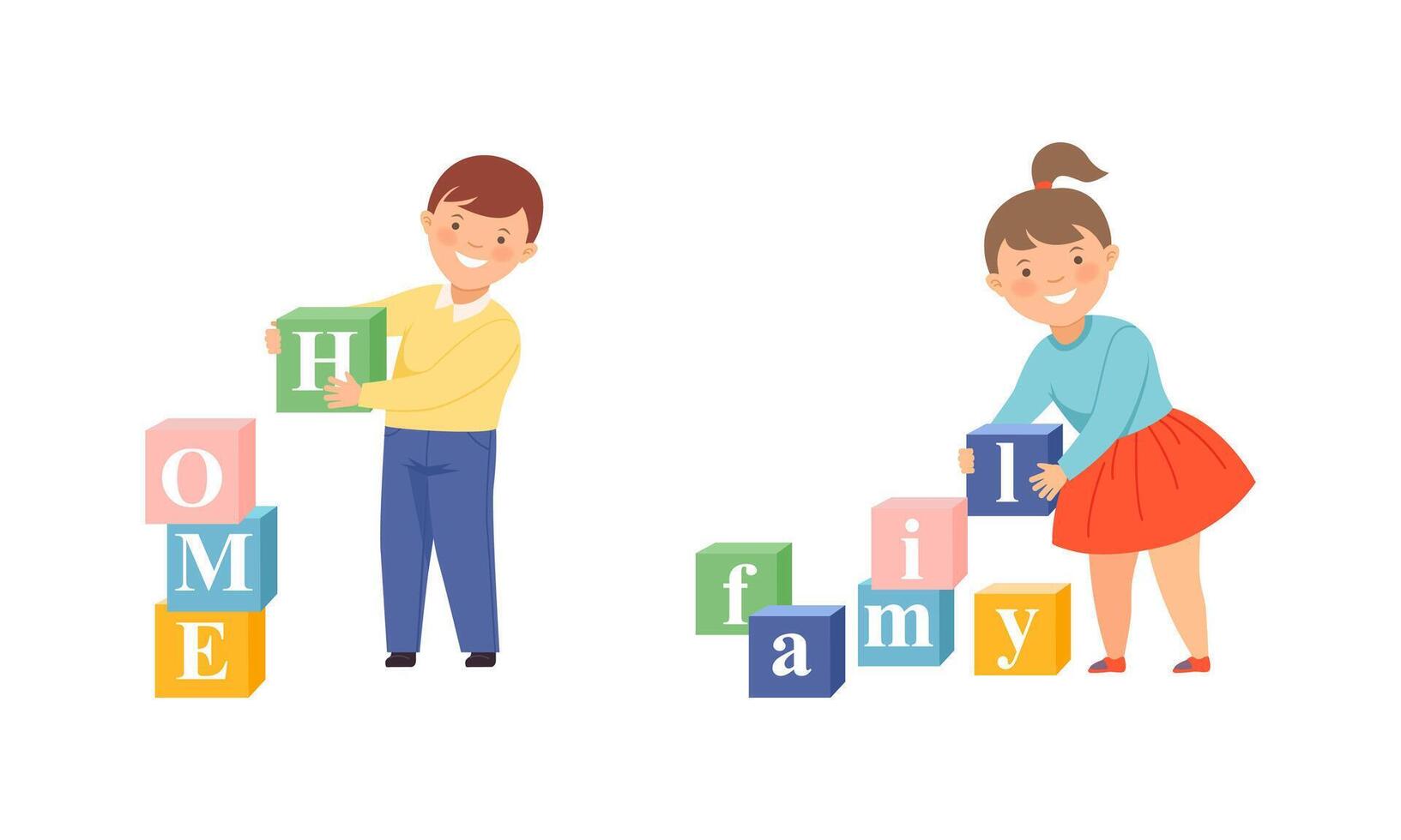 Cute little boy and girl making family and home words from toy blocks illustration vector