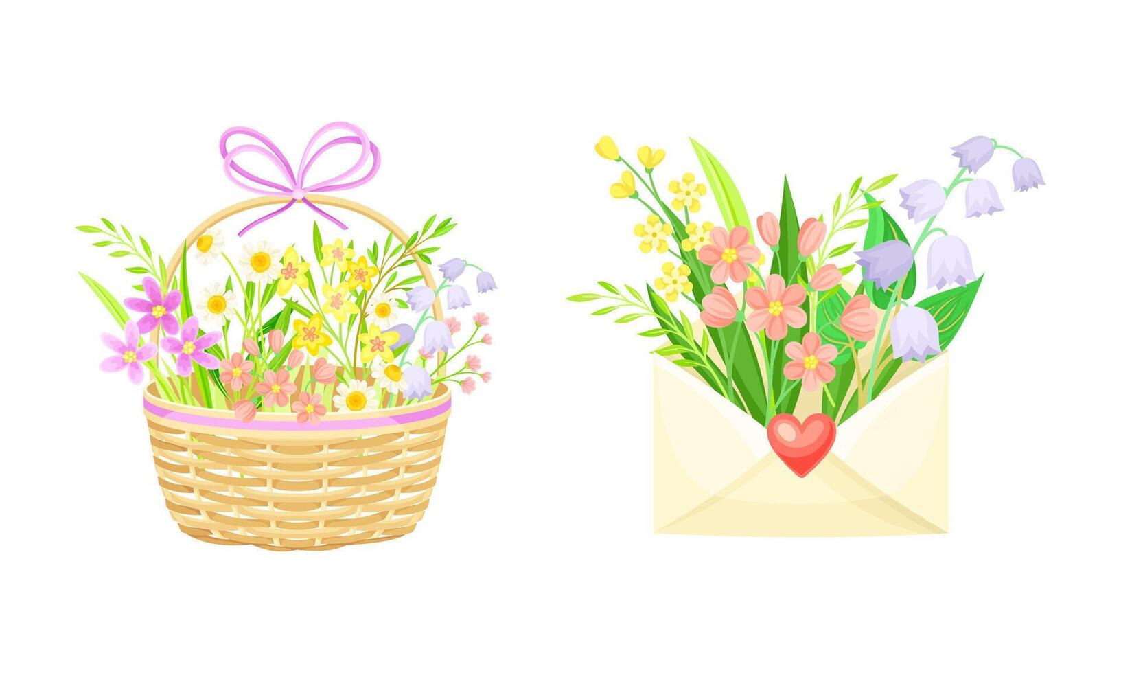 Bouquets of summer or spring flowers in wicker basket and envelope set illustration vector