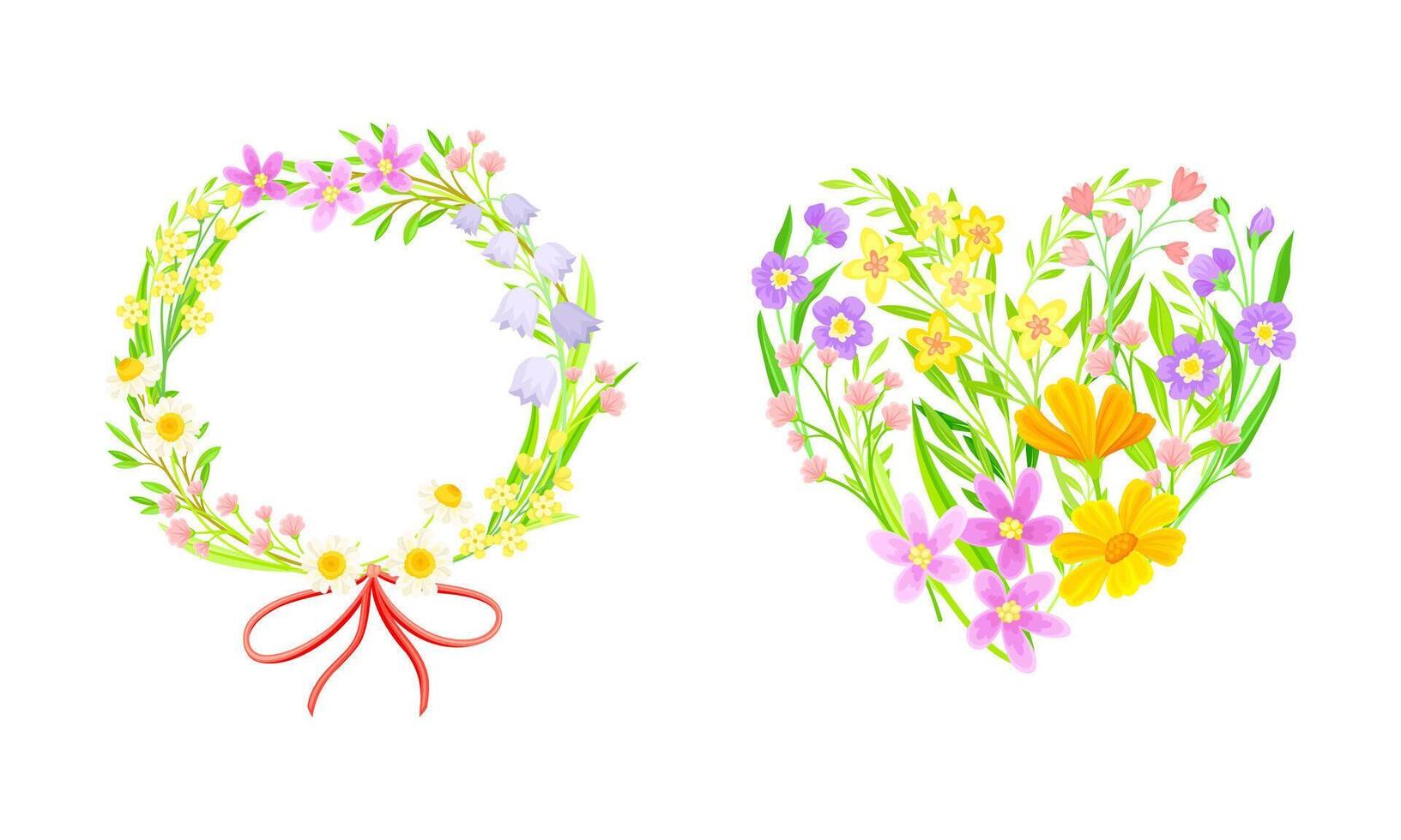 Summer or spring wildflowers set. Wreath and heart of blooming flowers illustration vector