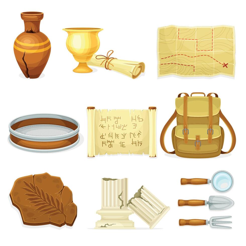 Archeological tools and artifacts set. Ancient papyrus, ruined marble pillar, archeological map, vase illustration vector