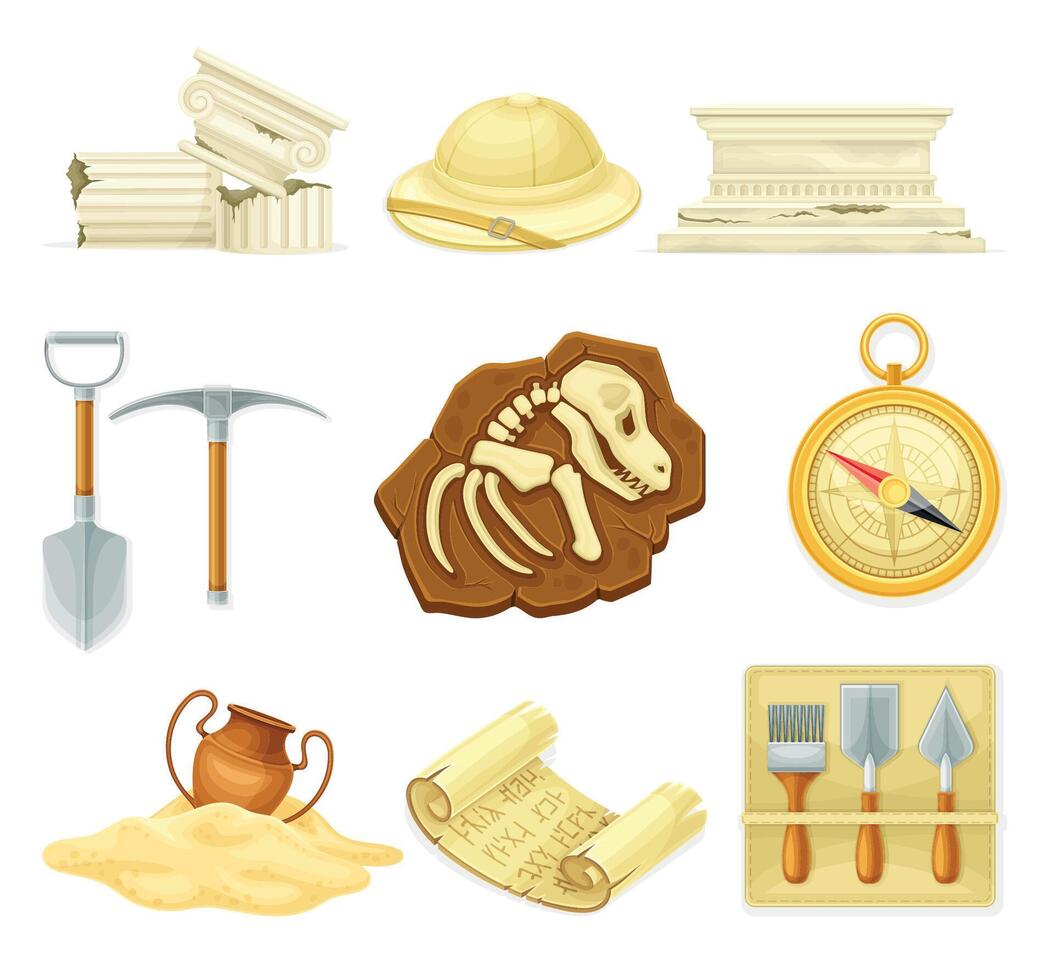 Archeological tools and artifacts set. Shovel, pickaxe, ancient papyrus, ruined marble pillar illustration vector