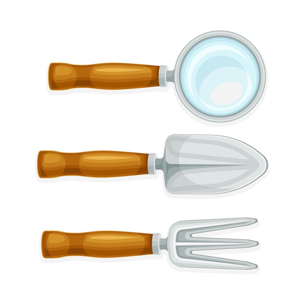 Archaeological excavation tools. Magnifying glass, scoop and rake illustration vector