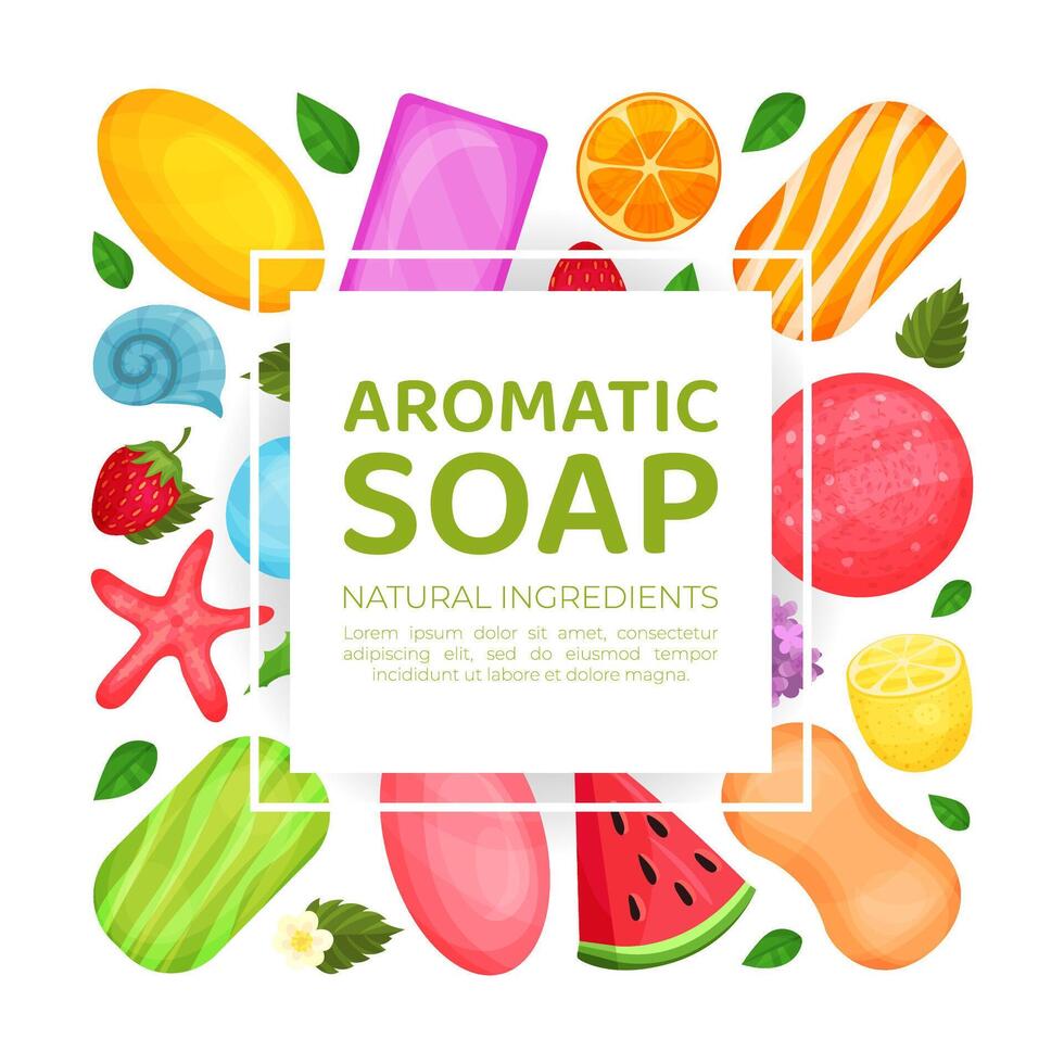 Aromatic soap banner template with handmade colorful organic soaps. Homemade cosmetics illustration vector
