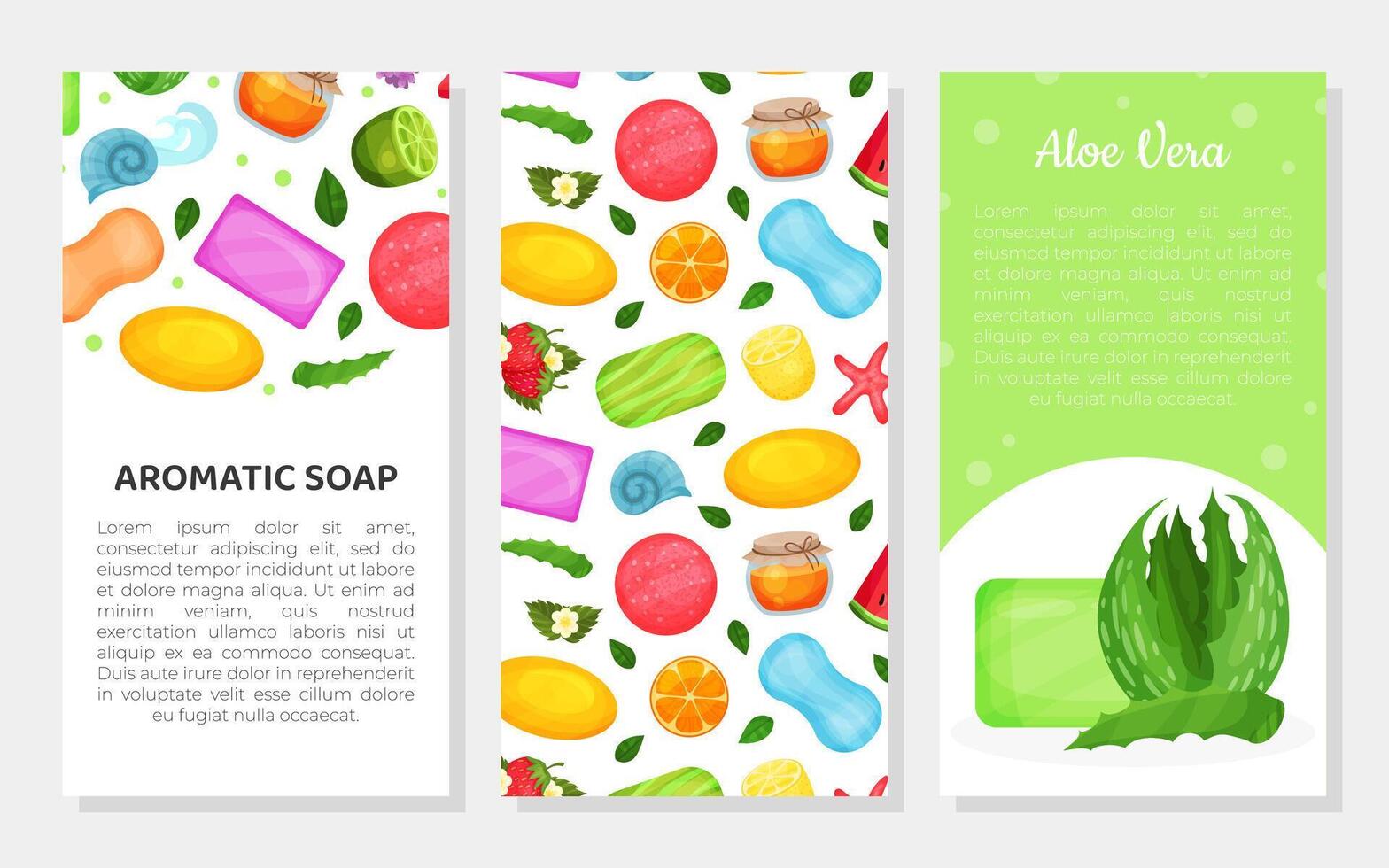 Aromatic soap card template with handmade organic soaps and space for text. Aloe vera organic soap, homemade cosmetics illustration vector
