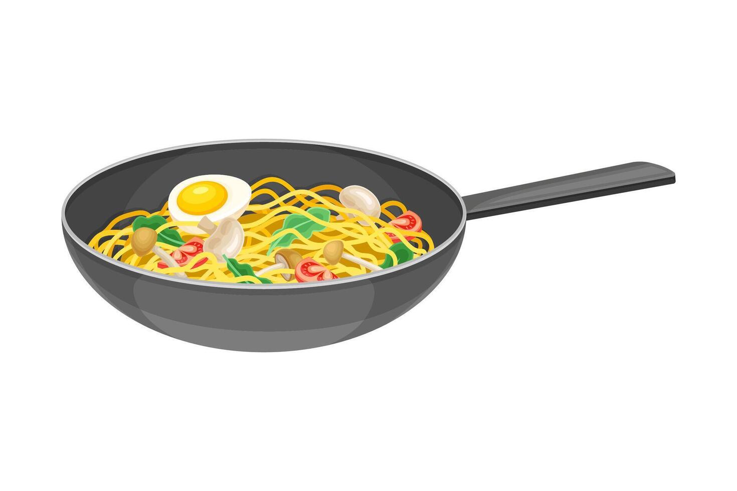 Traditional Asian noodles with mushroom and vegetables in frying pan with chopsticks illustration vector