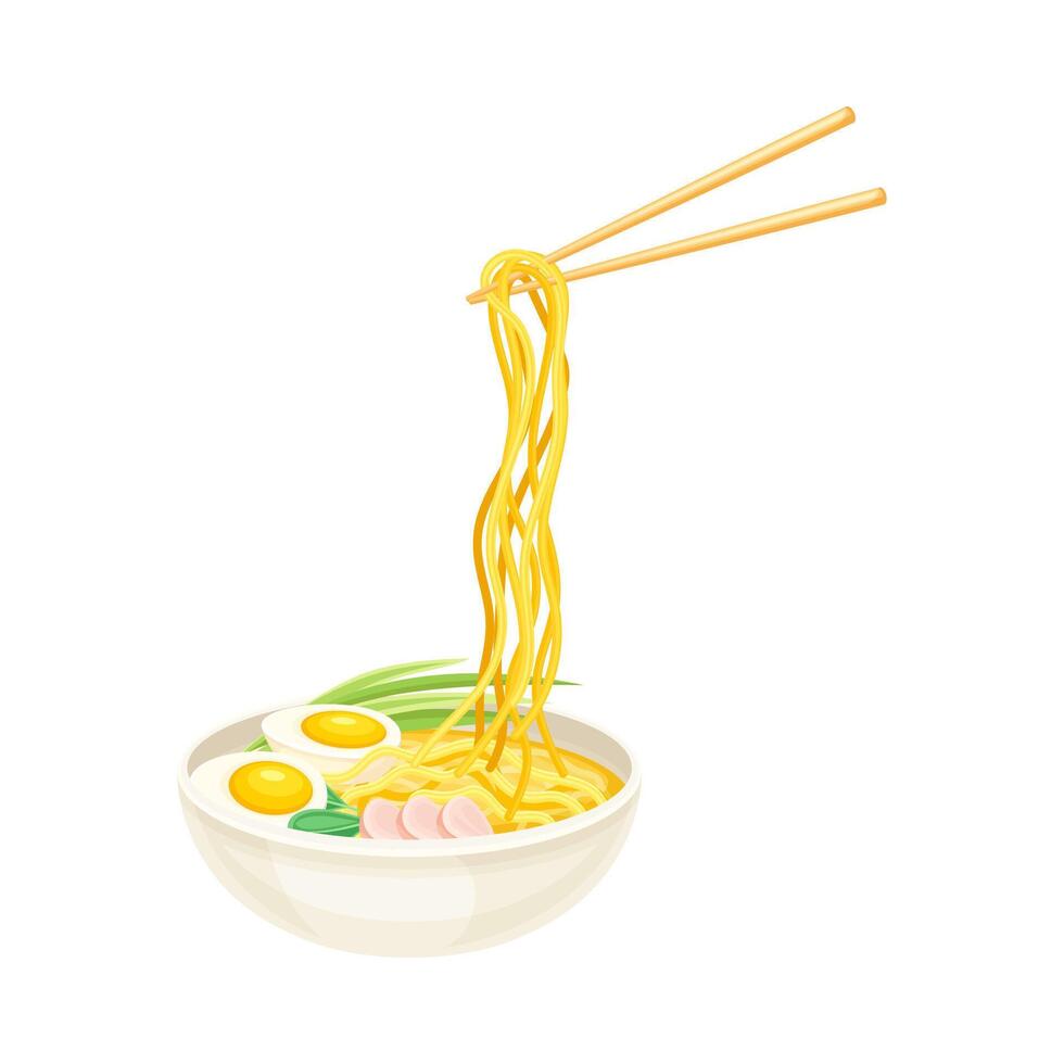 Bowl of ramen soup with chopsticks. Traditional Asian meal with noodles, broth, egg and meat illustration vector