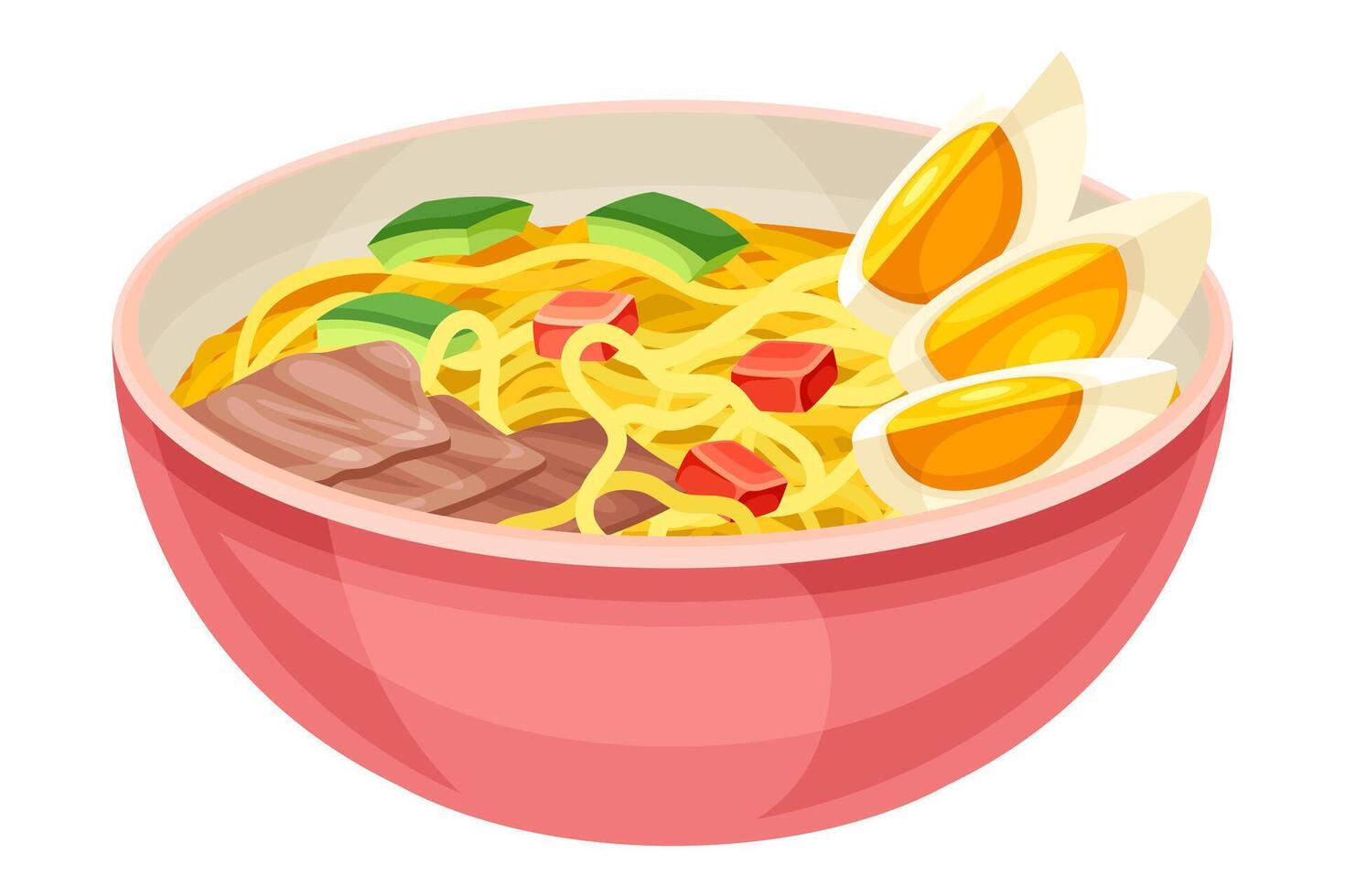 Ceramic bowl of ramen soup. Traditional Asian meal with noodles, broth, egg and vegetables illustration vector