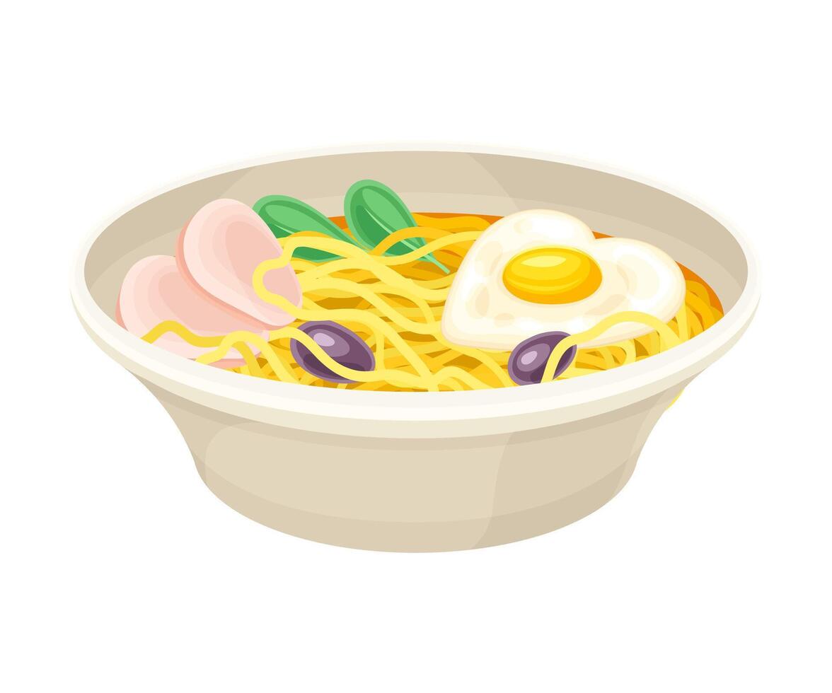 Bowl of ramen soup. Traditional Asian meal with noodles, broth, egg, meat and vegetables illustration vector