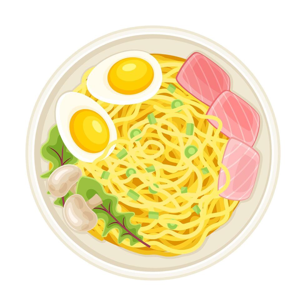 Bowl of ramen soup, top view. Traditional Asian meal with noodles, egg, salmon fish and mushrooms illustration vector