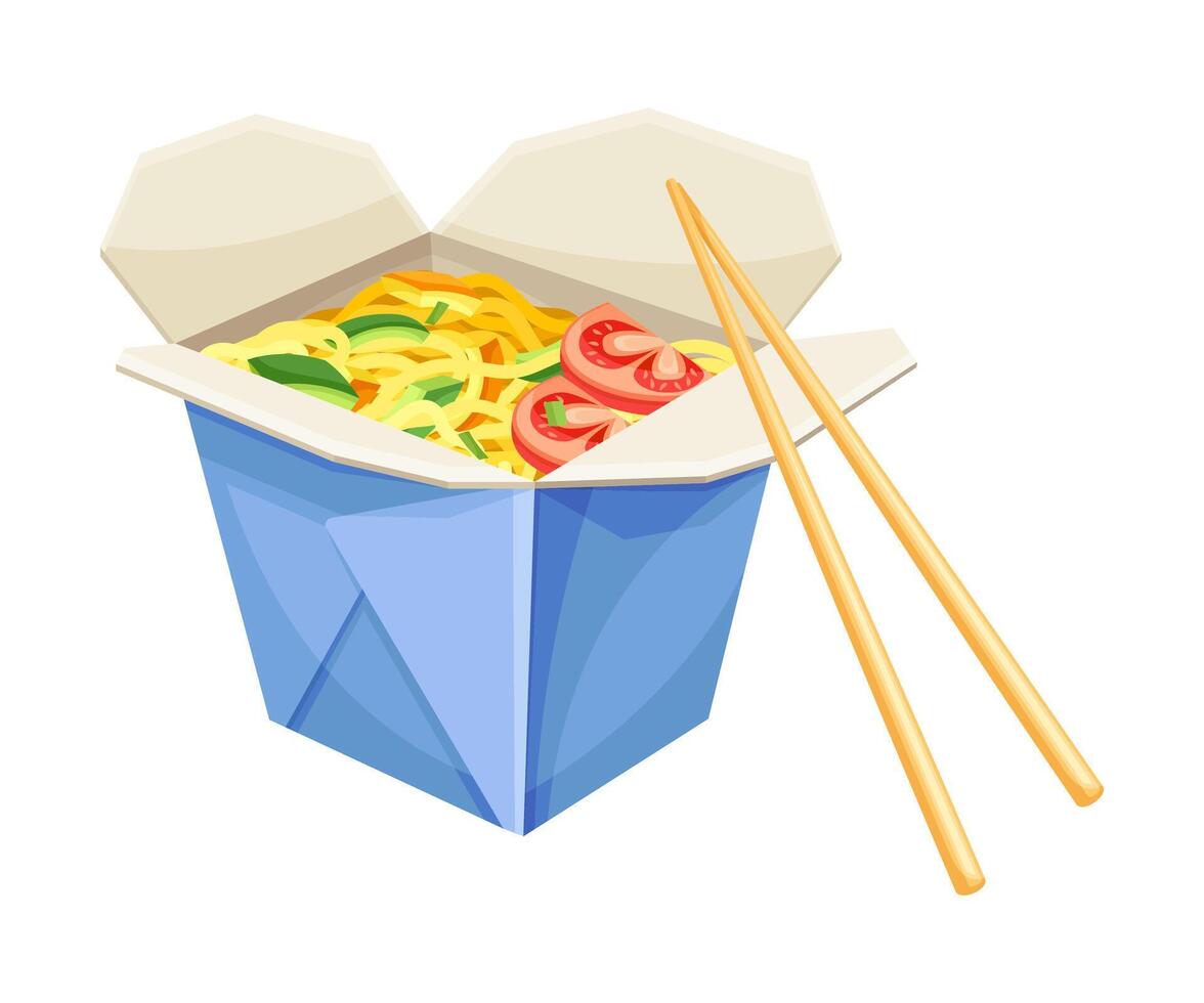 Noodle takeaway box with chopsticks. Traditional Asian meal with noodles and vegetables illustration vector