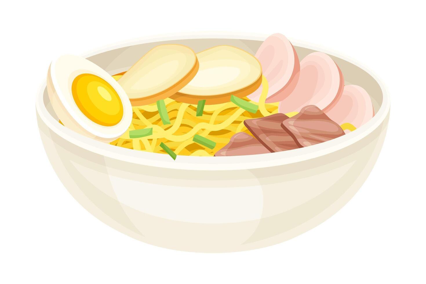 Bowl of noodles. Traditional Asian meal with egg, meat and vegetables illustration vector
