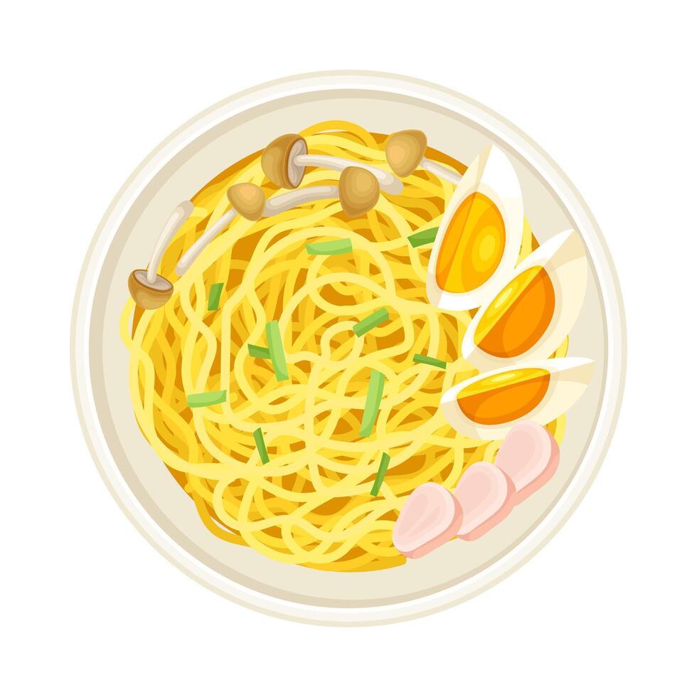 Bowl of noodles, top view. Traditional Asian meal with egg, meat and mushrooms illustration vector