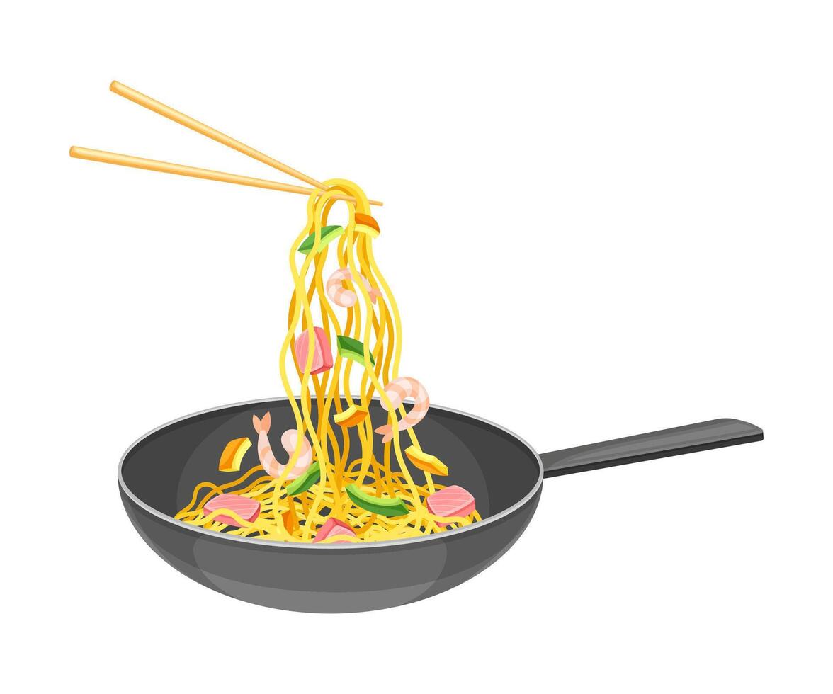 Traditional Asian noodles with shrimp and vegetables in frying pan with chopsticks illustration vector