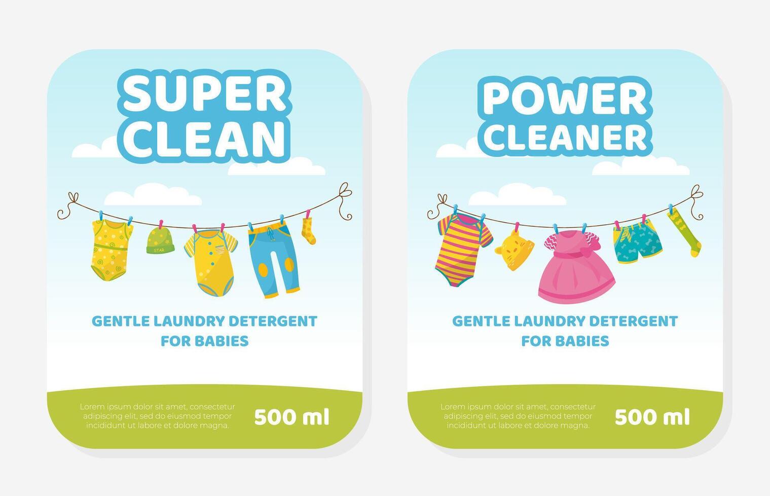 Super clean gentle laundry detergent for babies labels set. Eco-friendly detergent for washing children clothes illustration vector