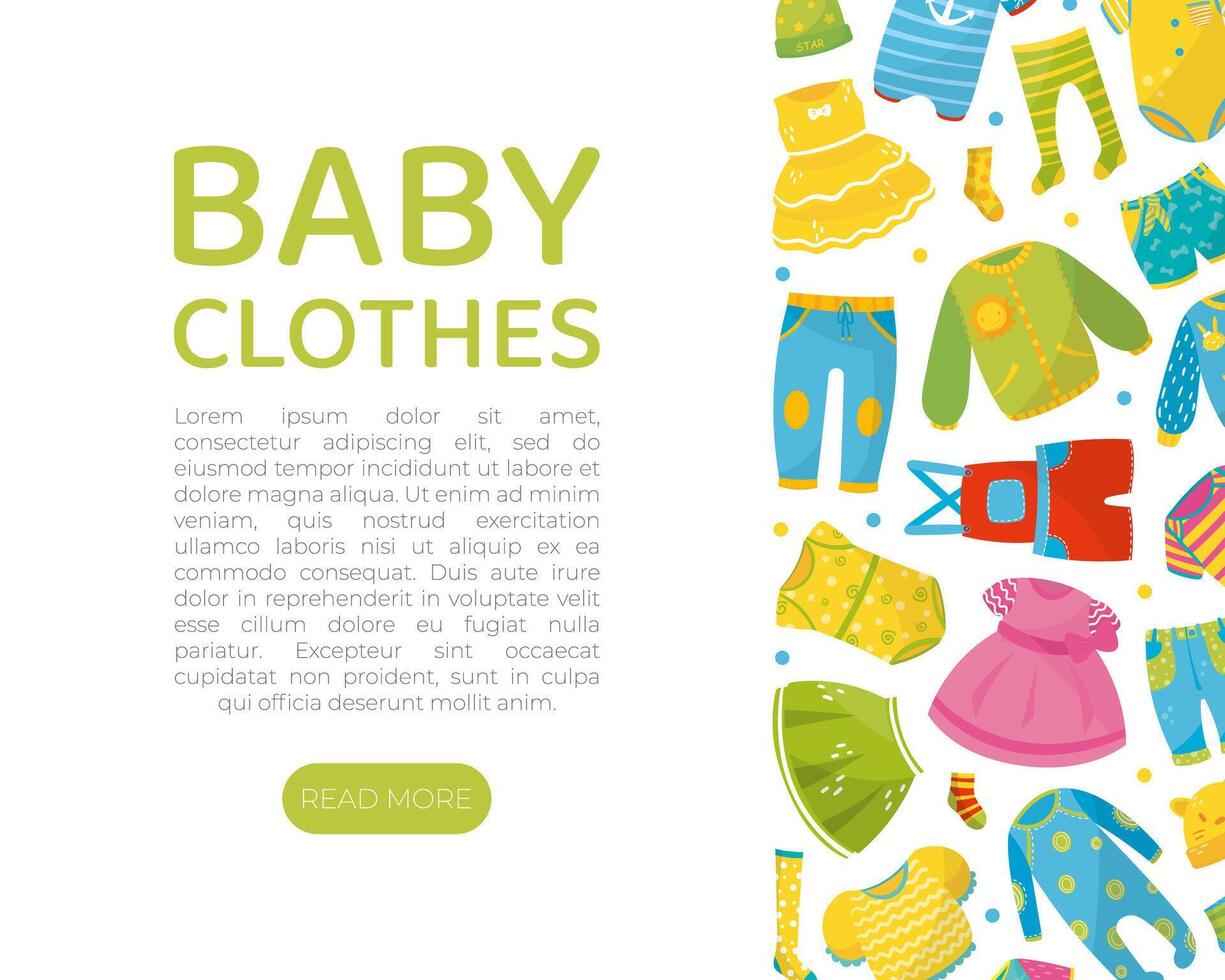 Baby clothes landing page template. Kids fashion web banner with space for text illustration vector