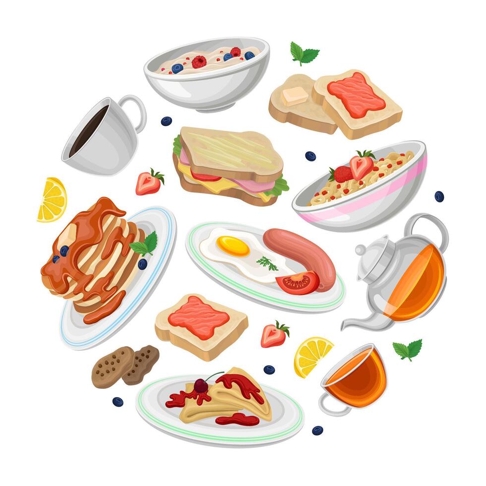Breakfast food in circular shape. Food menu design. Fresh and nutritious morning food illustration vector