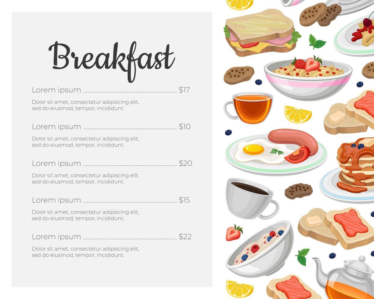 Restaurant or cafe breakfast menu design template. Fresh and nutritious morning food brochure illustration vector