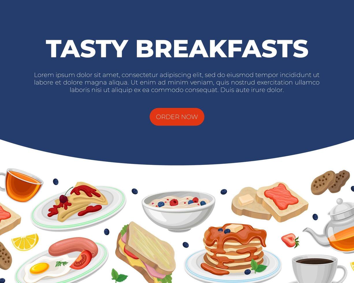 Tasty breakfast web banner template. Fresh and nutritious morning meal landing page illustration vector