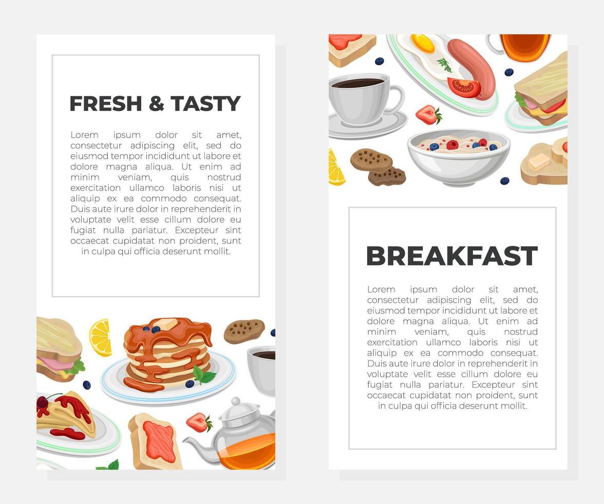 Fresh and tasty breakfast card templates set. Fresh and nutritious morning meal flyer with space for text. Cafe or restaurant food menu design illustration vector