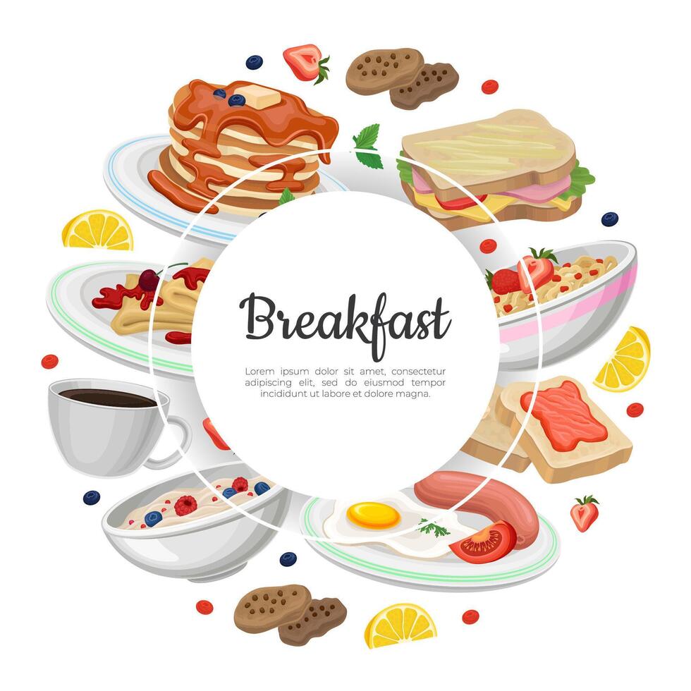 Breakfast banner template. Fresh and nutritious morning meal poster, card, background illustration vector