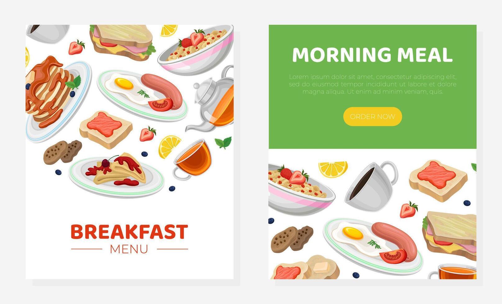 Breakfast menu web banner. Fresh and nutritious morning meal landing page, mobile application. Delivery and catering service illustration vector