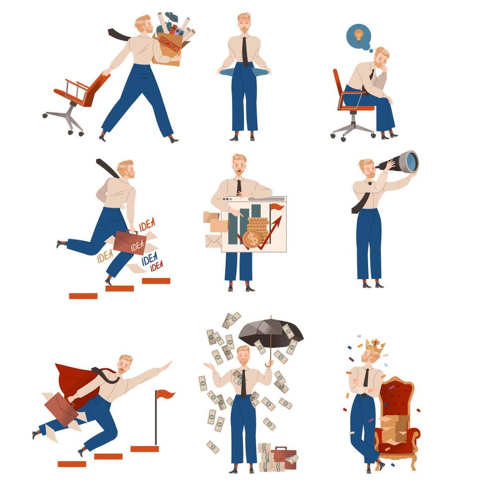 Business people activities set. Male entrepreneur solving problems, thinking about ideas, striving to success illustration vector