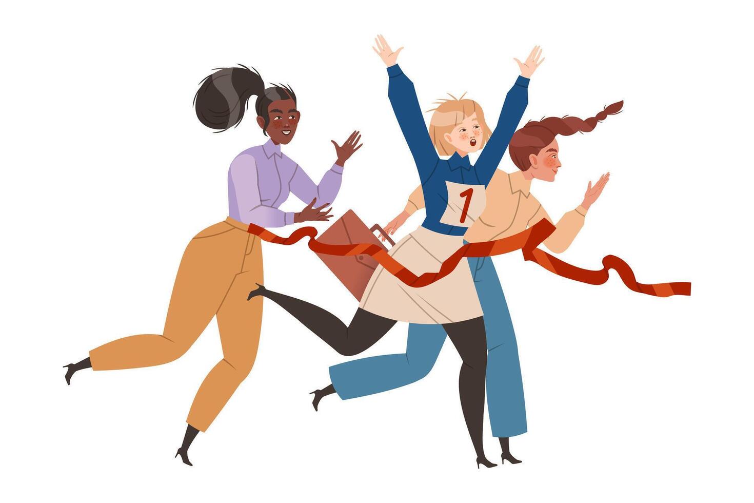 Business women running to finish crossing finish line. Team leaders competition. Leadership and teamwork illustration vector