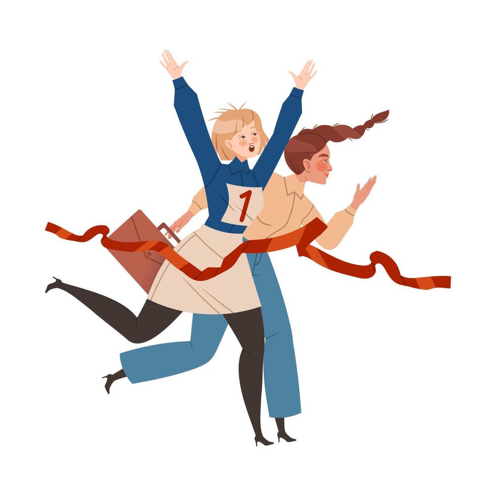 Business women crossing finish line. Team leaders race competition. Leadership and teamwork illustration vector