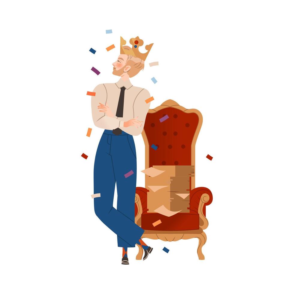 Arrogant businessman in golden crown leaning against throne. Business success and leadership illustration vector