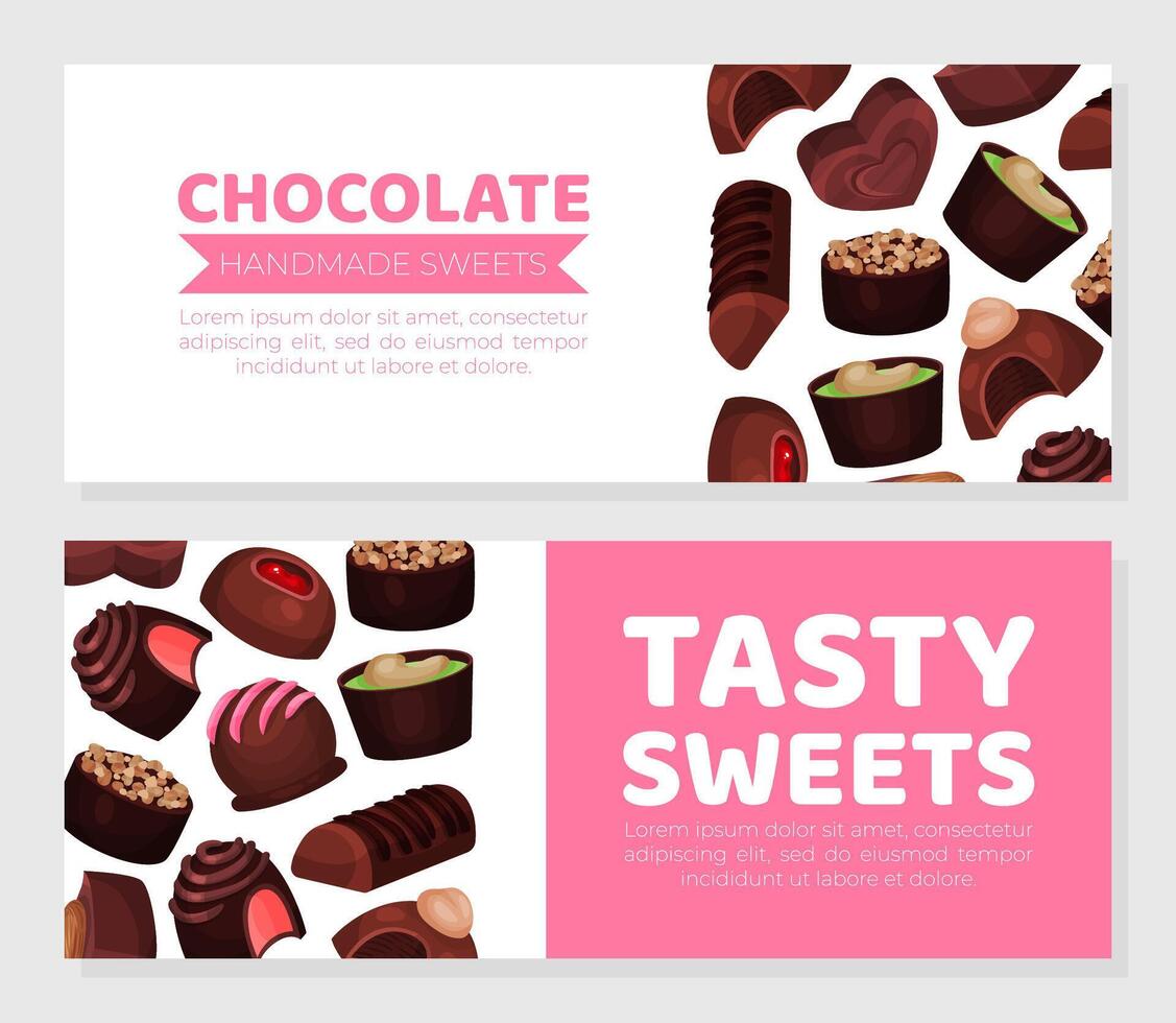 Tasty chocolate sweets horizontal banners set. Sweet dessert packaging, advertising, label, menu design illustration vector