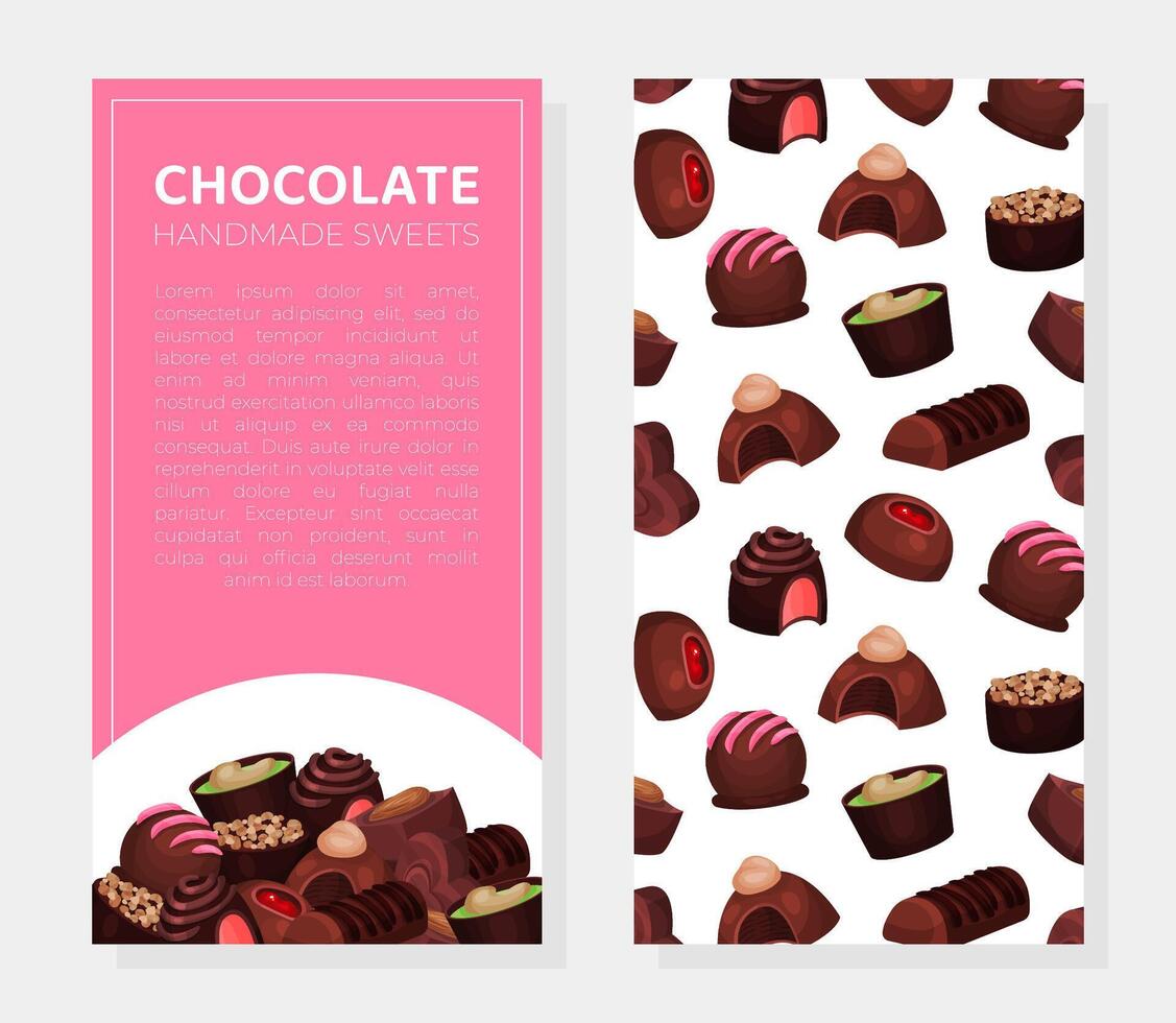 Chocolate card template. Tasty sweet dessert advertising, label, tag, flyer design illustration vector