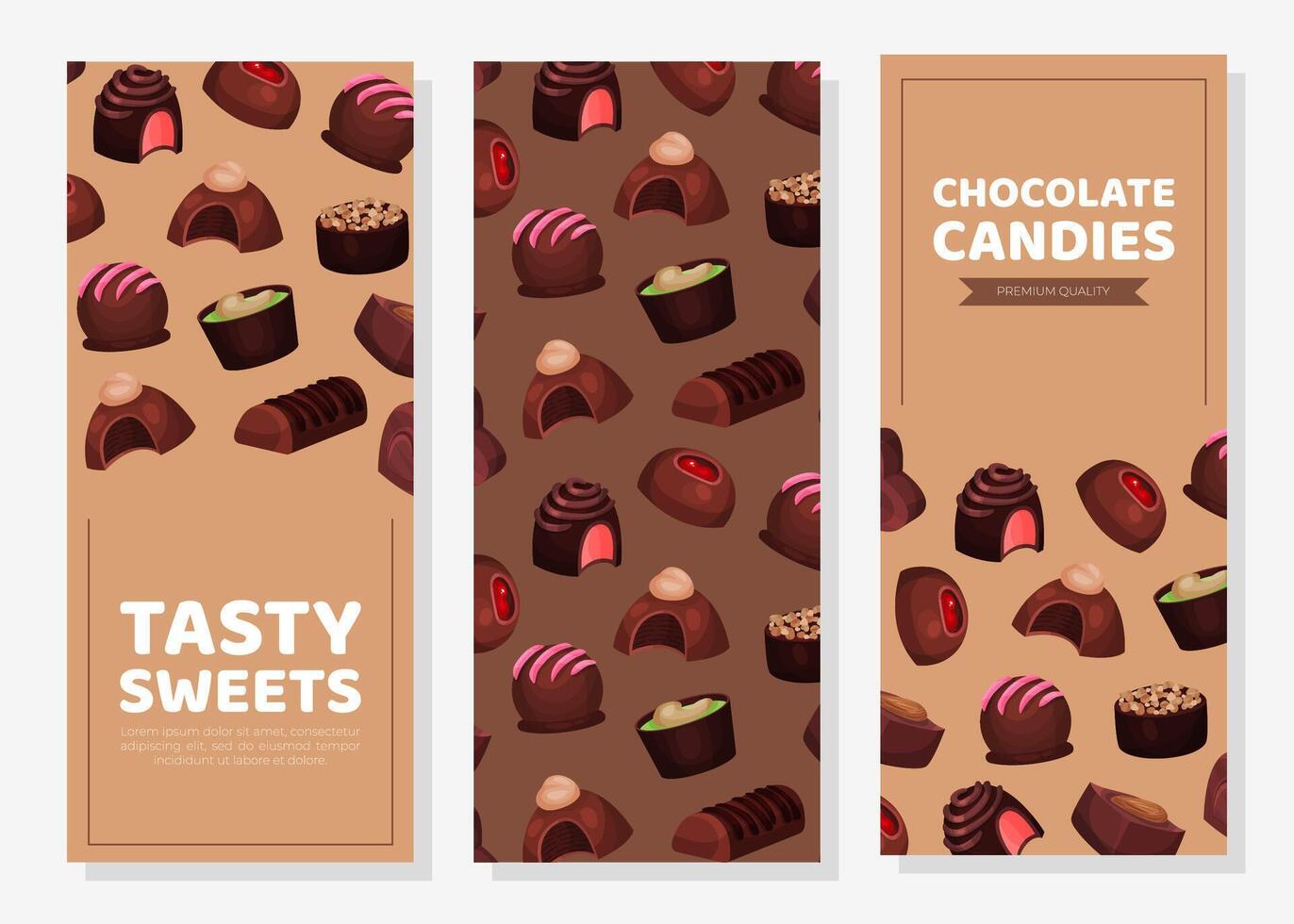 Tasty chocolate candies vertical banners set. Sweet dessert packaging, advertising, label, menu illustration vector