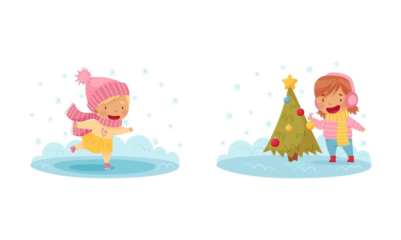 Outdoor seasonal activities set. Cute kids skating on rink and and decorating fir tree illustration vector