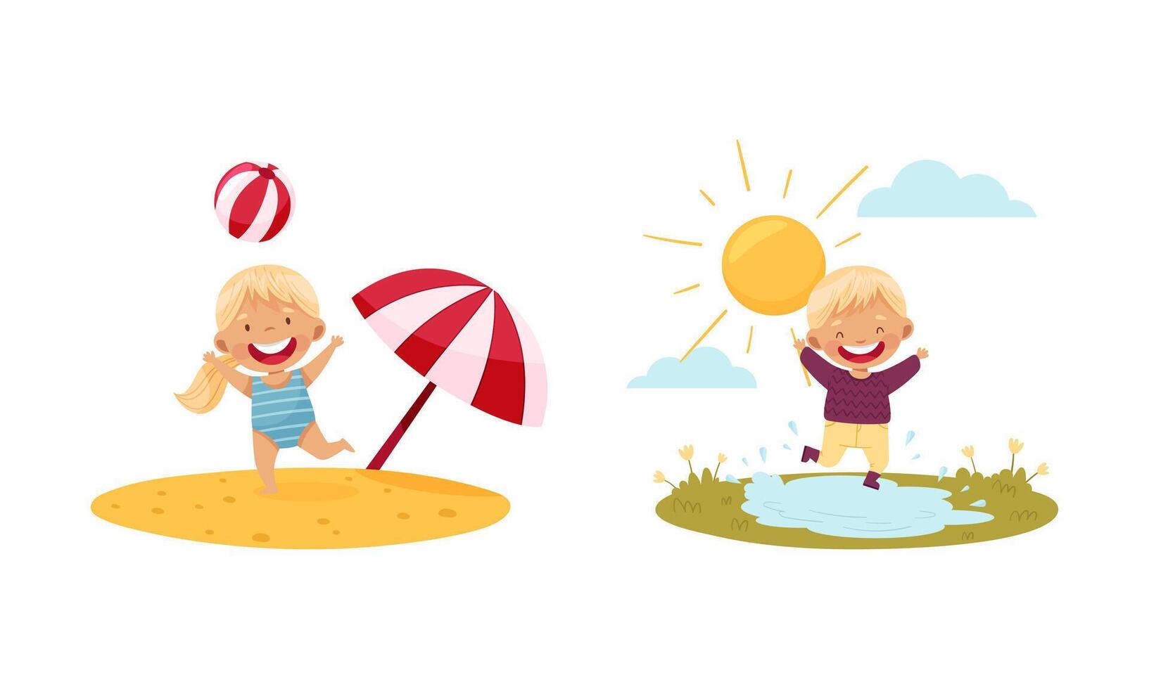 Outdoor seasonal activities set. Cute kids having fun on the beach and walking on puddles illustration vector