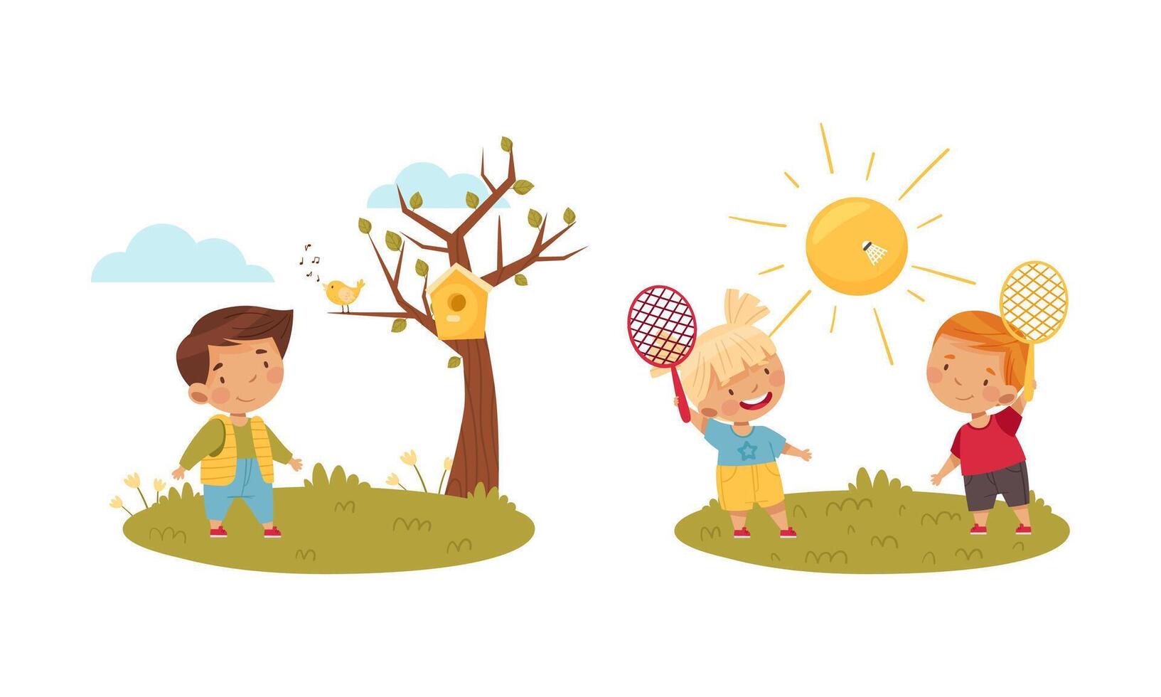 Outdoor seasonal activities set. Cute kids playing badminton and walking in park at spring illustration vector