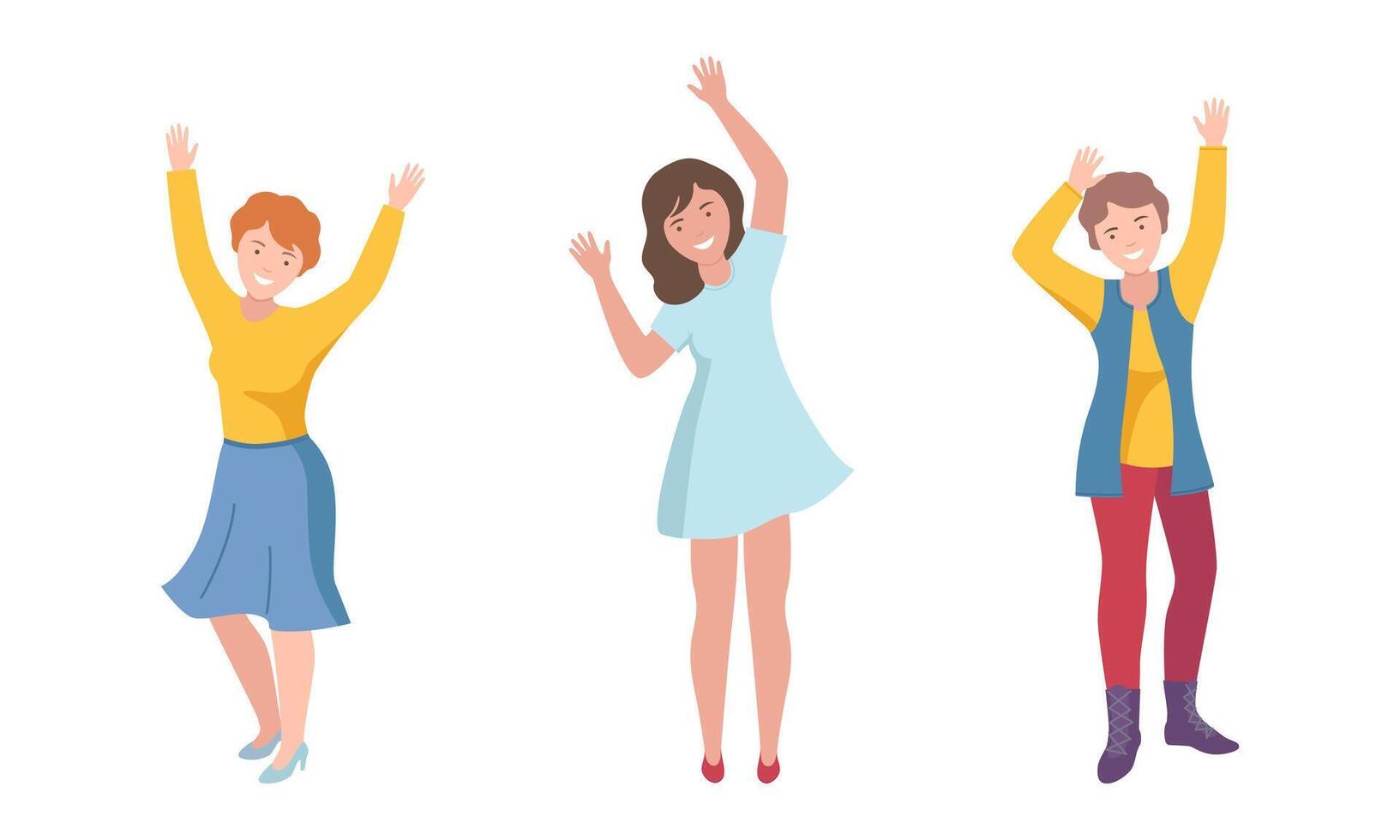 Happy people standing raising hands up set. Young women dancing, celebrating, supporting, participating illustration vector