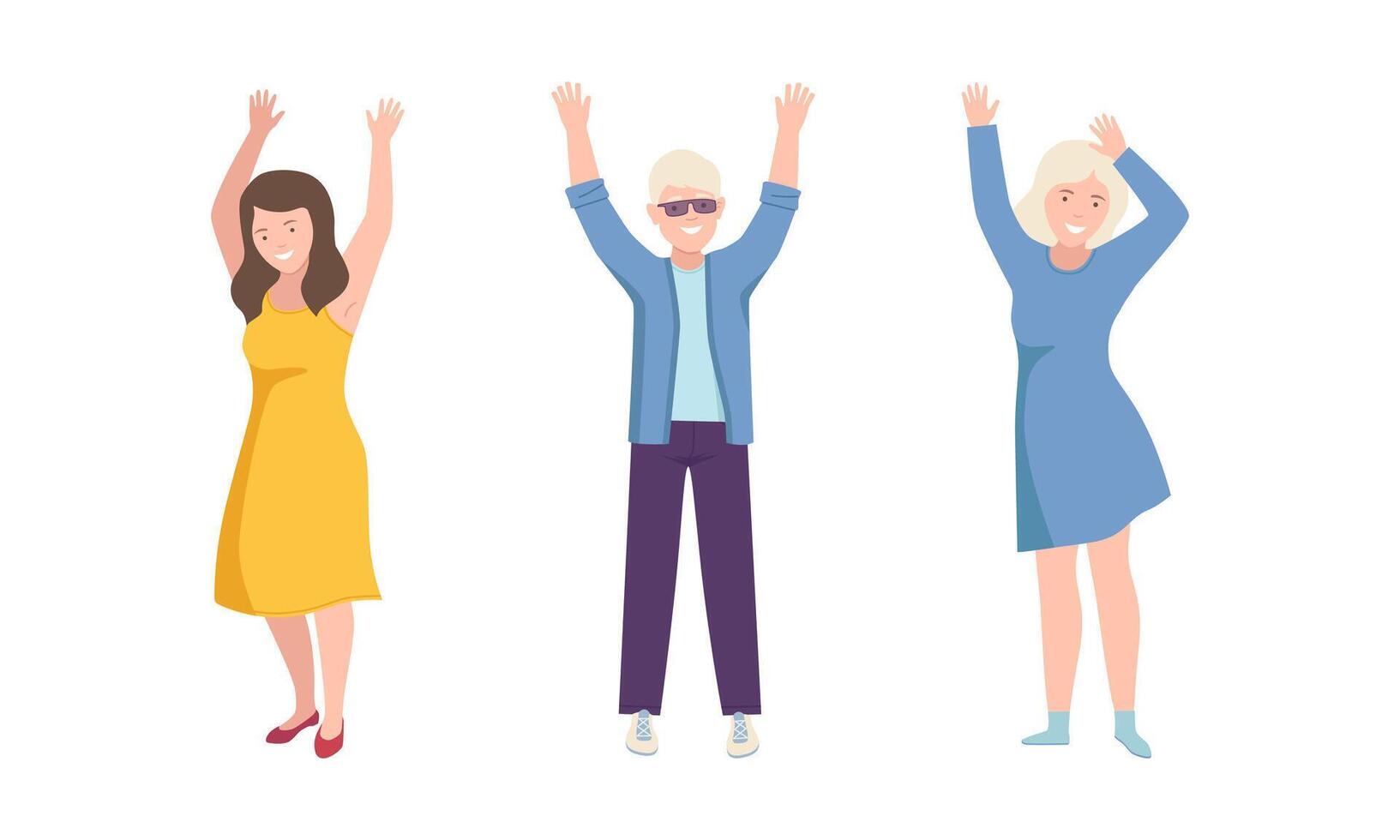 Happy people standing raising hands up, Young women and man dancing, celebrating, supporting, participating illustration vector