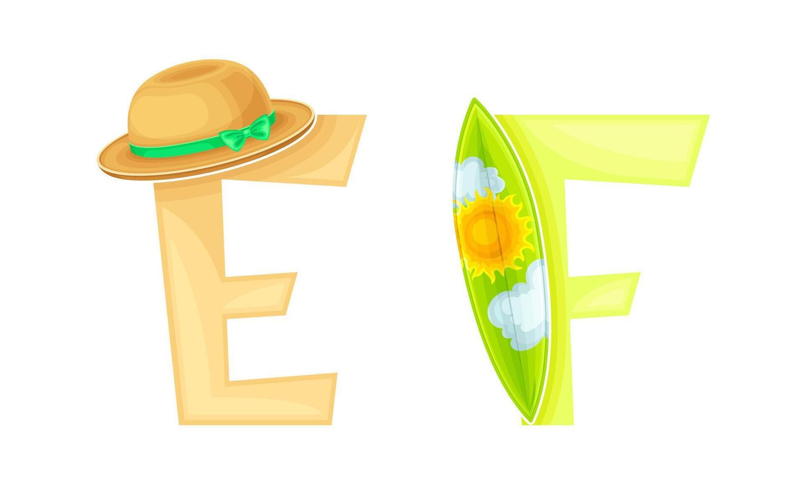 E,F letters of English alphabet with straw hat and surfboard illustration vector