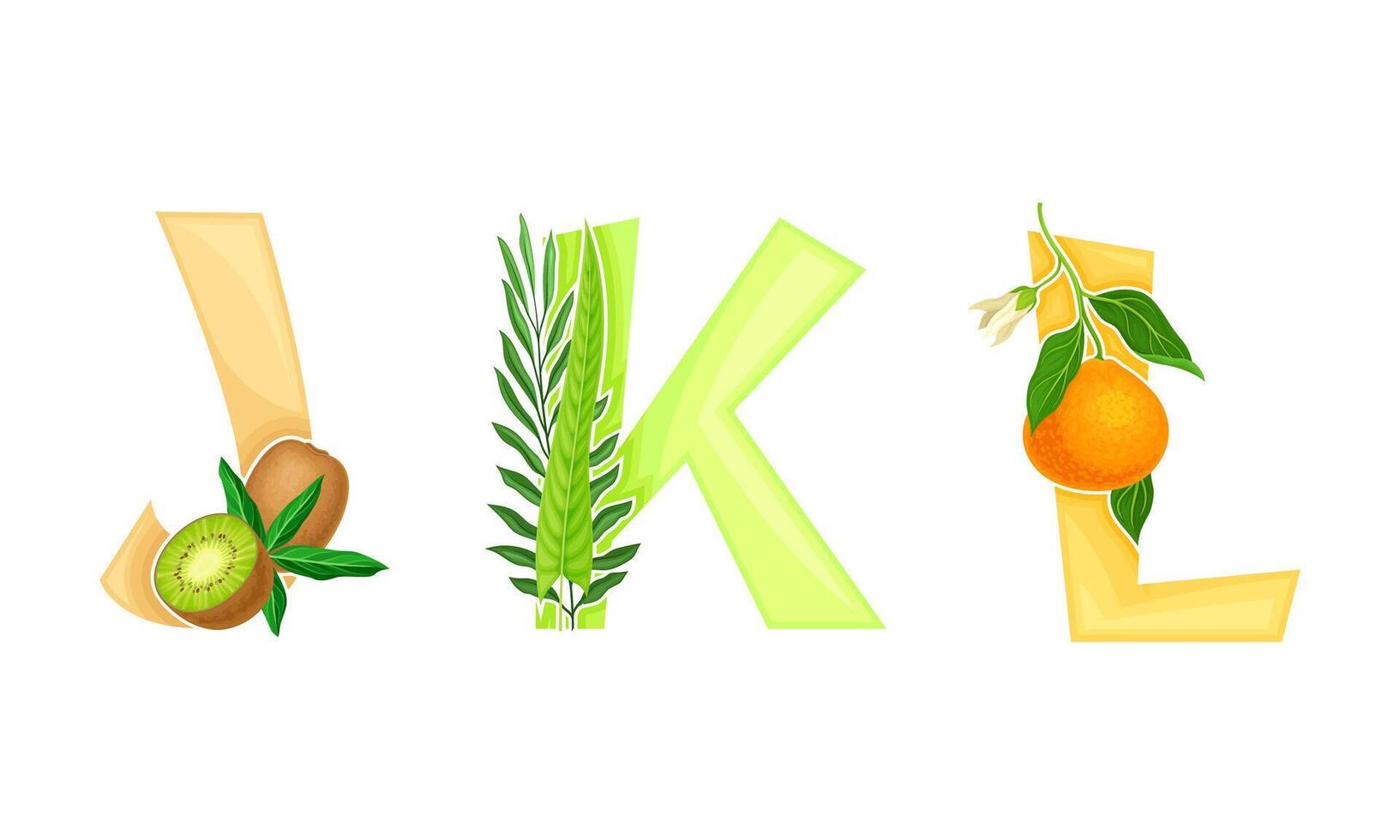 J,K,L letters of English alphabet with exotic fruit and palm leaves illustration vector