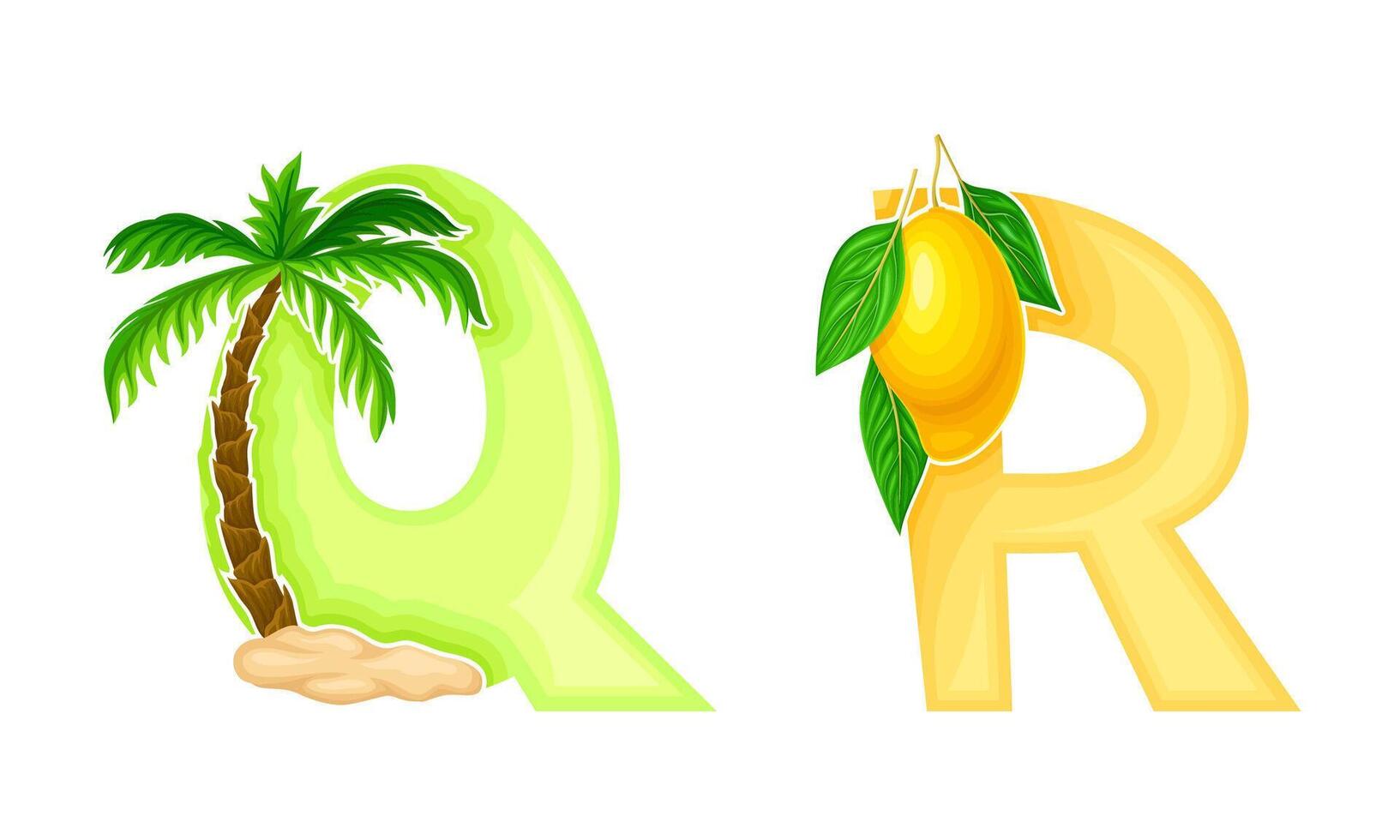 Q,R letters of English alphabet with palm tree and lemon fruit illustration vector