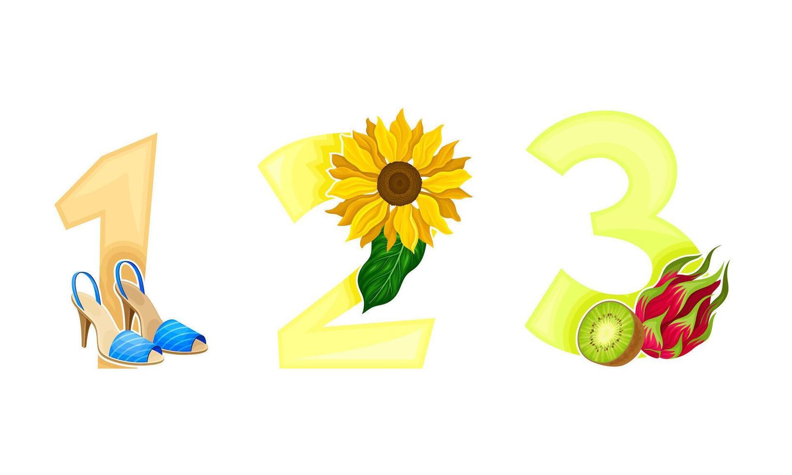 1,2,3 bright numbers with exotic fruit, sunflower and female shoes illustration vector