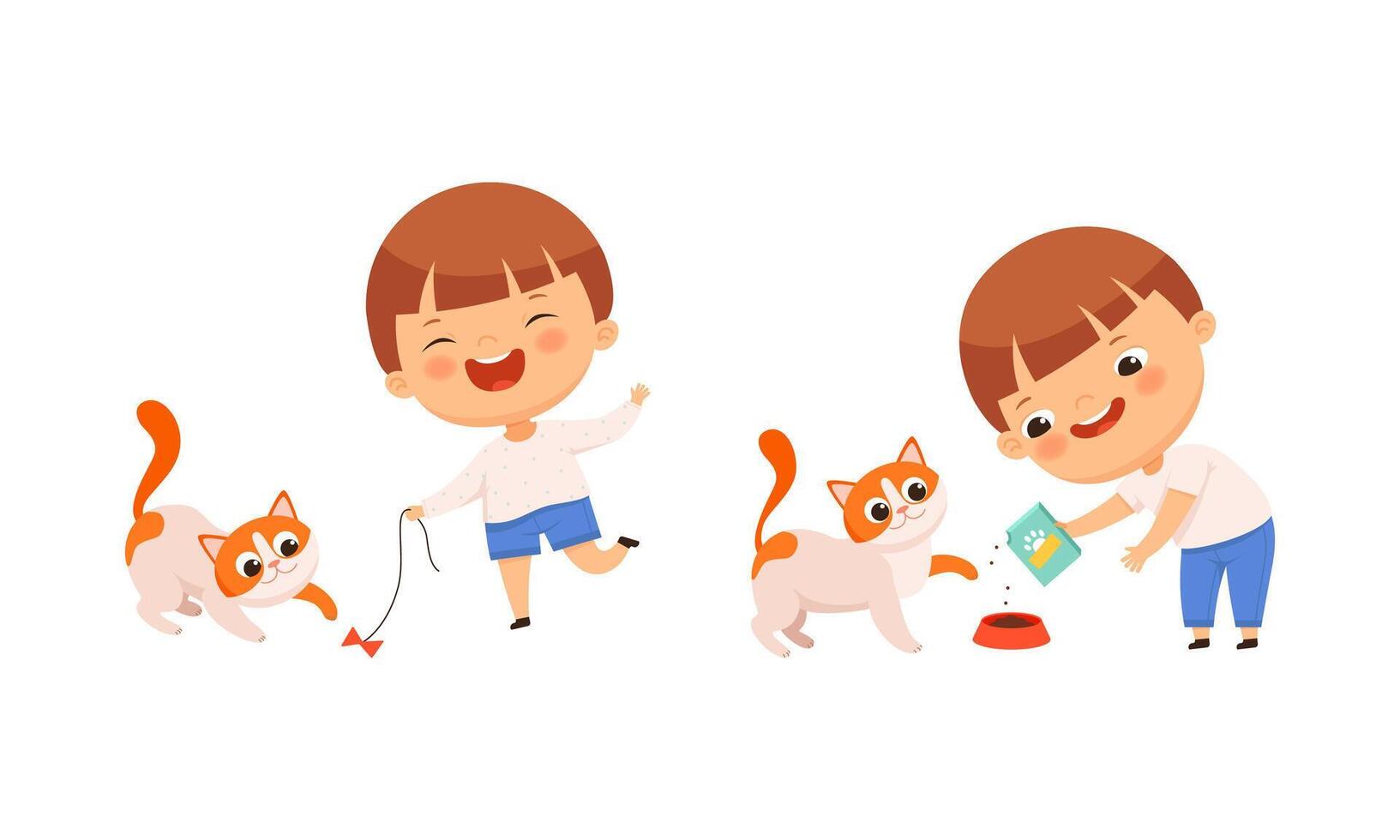 Cute little boy playing and feeding his kitten cartoon illustration vector