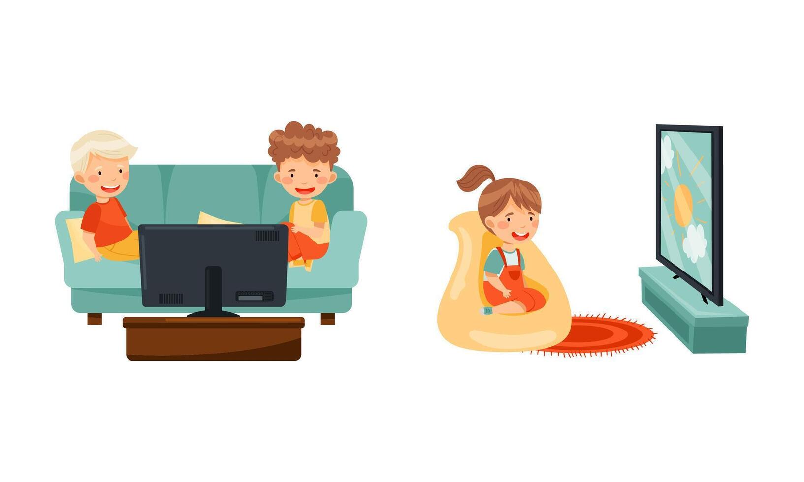 Cute preschool kids sitting and watching TV, child leisure concept illustration vector