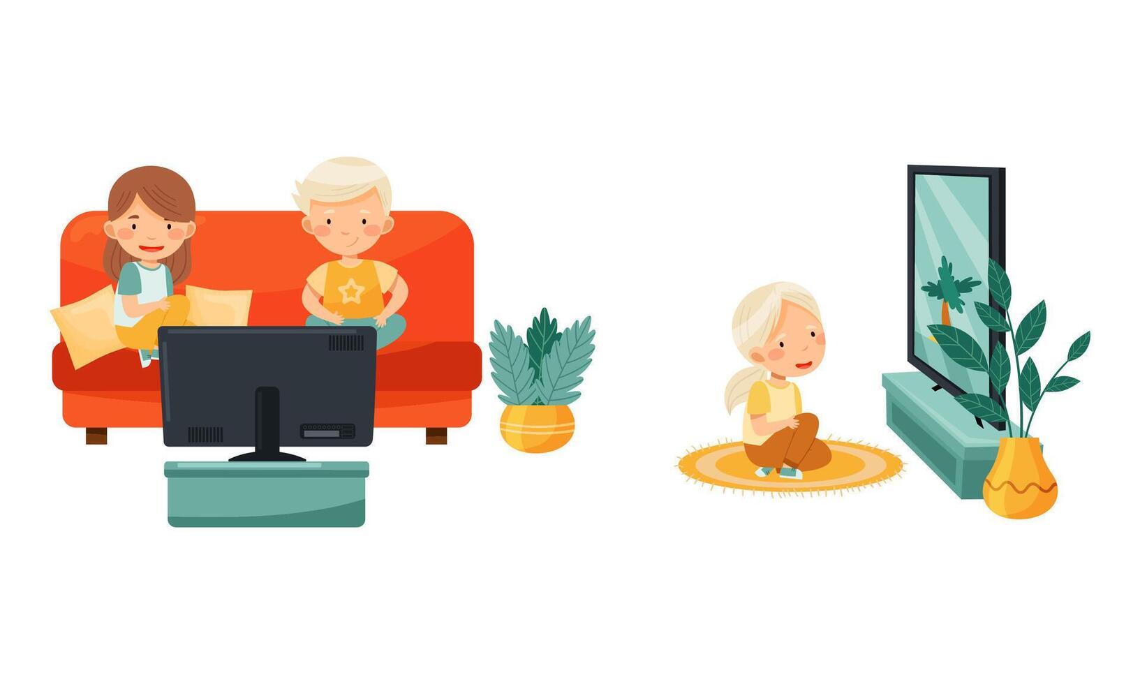 Cute preschool kids sitting on floor and sofa and watching TV, child leisure concept illustration vector