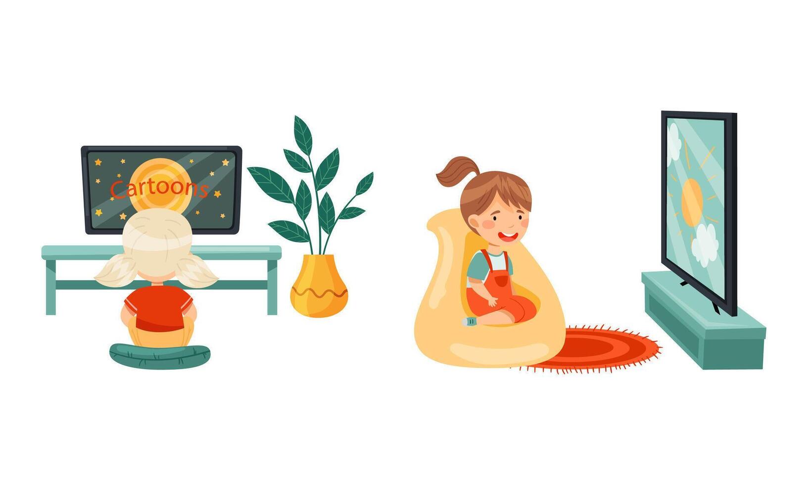 Cute preschool girl sitting on cushion and watching TV, child leisure concept illustration vector