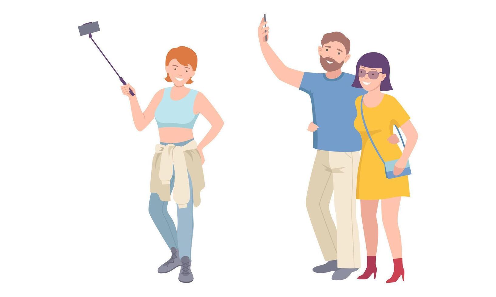 People making selfie with smartphone set. Man and woman with modern gadgets illustration vector