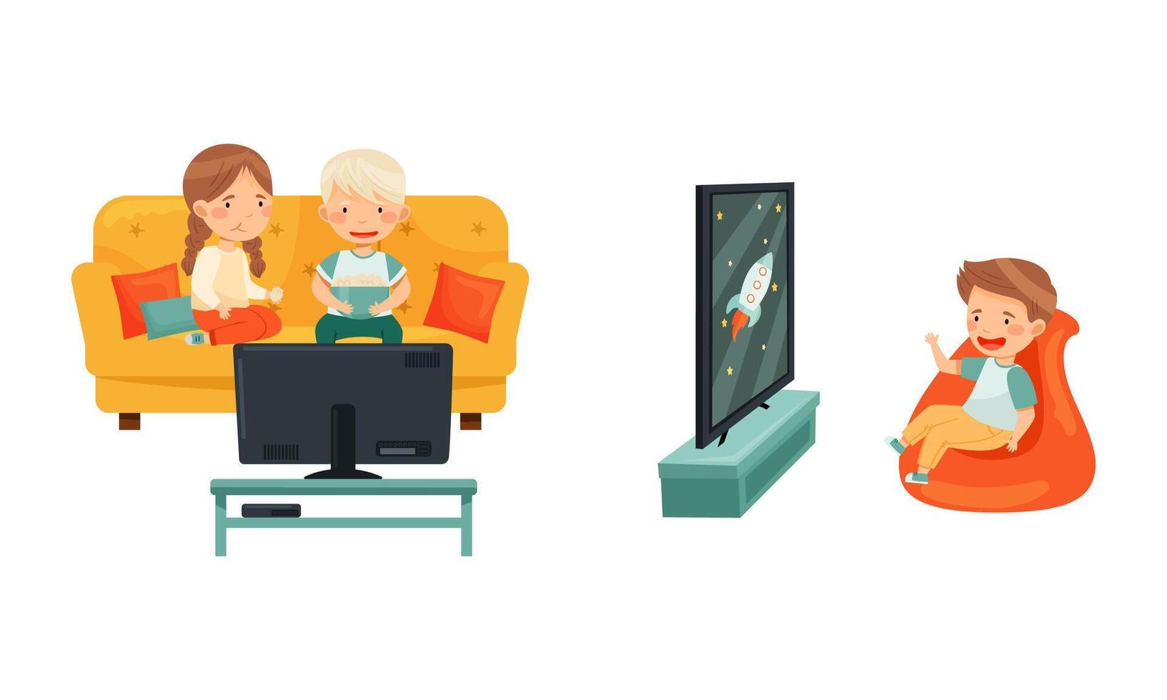 Cute preschool kids watching TV, child leisure concept illustration vector